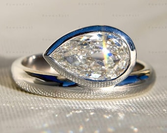 1 CT Pear Lab Grown Diamond Engagement Ring, 14K Gold Bezel East West Solitaire