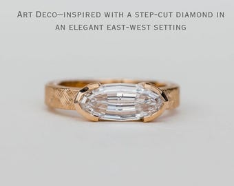 2 CT Step Cut Moval Lab Grown Diamond Engagement Ring, 14K Gold Art Deco