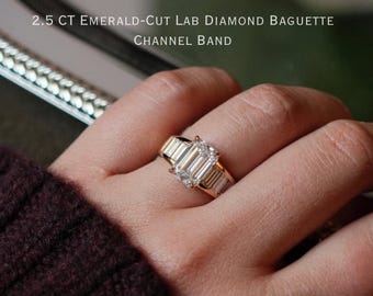 2.5 CT Emerald Cut Lab Grown Diamond Engagement Ring, 14K Solid Gold Baguette Channel