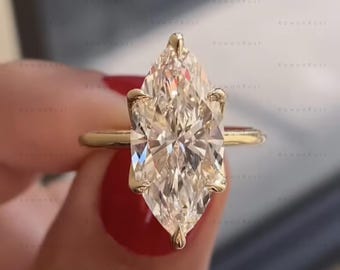 Anillo de compromiso con diamante cultivado en laboratorio de talla marquesa de 3 quilates, anillo de oro macizo de 14 quilates, anillo con engaste de pétalo, anillo solitario, anillo de pedida de mano, anillo de diamante CVD.
