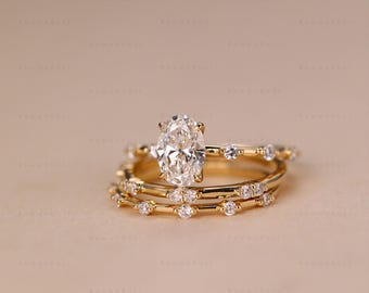 Anillo de diamantes ovalados cultivados en laboratorio de 1,5 quilates, conjunto de tres piezas en oro de 14 quilates