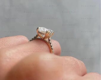 4 CT Oval Cut CVD Diamond Engagement Ring, 14K Gold Hidden Halo Ring, Two Prong Ring