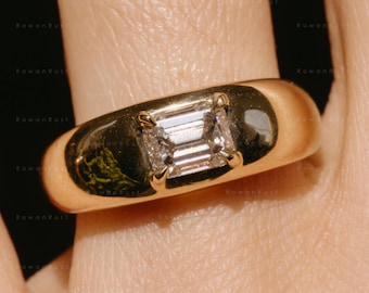 1 CT Emerald Cut Lab Grown Diamond Engagement Ring, 14K Gold Chunky Solitaire Ring