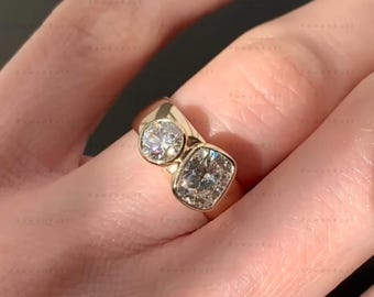 Toi Et Moi Ring, Cushion and Round Lab Grown Diamond Ring, 14K Gold Bezel