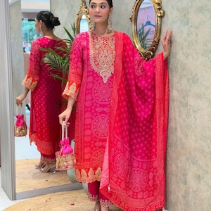 Elegant Pink & Orange Bandhani Kurti Suit Set - Handmade Embroidered Salwar Kameez - Wedding Guest Outfit