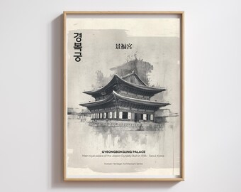 Gyeongbokgung Palace Print, Vintage Korean Architecture, Black and White, Seoul Decor (Digital Download)