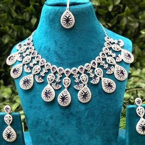 Silver Plated CZ Necklace Set - American Diamond Drop Earrings