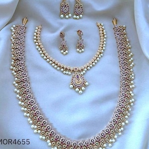 Imitation Jewelry Combo Featuring Traditional Long Haram And short Necklace Designed With Ruby Stones and White Pearls