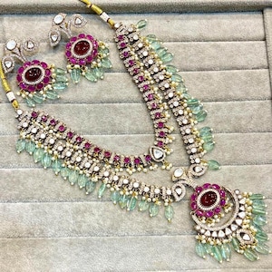 Royal Sabyasachi Inspired Ruby Red Emerald Green Two Layered Pendant Necklace With Earrings, Indian Pakistani Punjabi Wedding Jewelry Set
