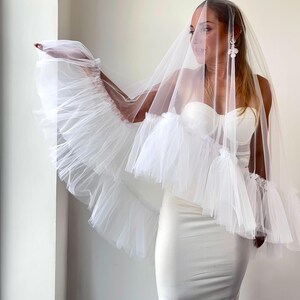 Two-Tier White Ruffled Veil with Blusher – Full Volume & Ethereal Movement