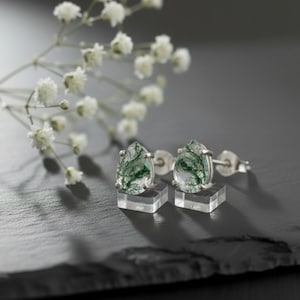 Natural Moss Agate Stud Earrings | Pear Cut Green Moss Agate in Sterling Silver | Hypoallergenic Everyday Jewelry