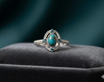 Bague halo avec pierres turquoises naturelles | Bijoux faits main en argent sterling 925