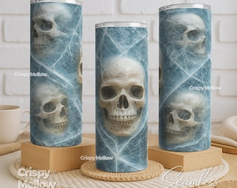 Bicchiere con teschio spettrale senza cuciture PNG: Stoviglie gotiche per Halloween (bicchiere sottile da 20 once)