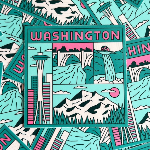 Washington Sticker | State Stickers | Pacific Northwest | Seattle WA | Snoqualmie Waterfall | Mt Rainier Decal | Hydroflask Stickers