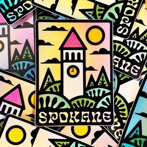 Spokane Adesivo | Decalque do estado de Washington | Holo Adesivos | Arte brilhante da torre do relógio | Adesivos Hydroflask | Adesivos para laptop | noroeste Pacífico