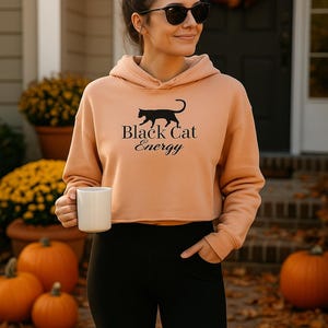 Black Cat Energy Cropped Hoodie: Olive Green Witchy Sweatshirt