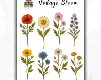 May include: A white card with the words "Vintage Bloom" and illustrations of various colorful flowers. The flowers include red poppies, yellow daisies, pink blooms, and purple delphiniums. The flowers are on green stems.
