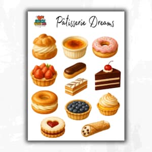 Dessert Sticker Sheet , Bakery Pastry Stickers for Journals, Scrapbooks, Planners & Bullet Journals, Cakes and Sweets Sticker Pack