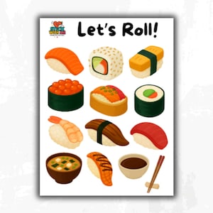 Sushi Sticker Sheet – Let&#39;s Roll Japanese Food Stickers for Planners, Journals, Scrapbooks & Recipe Cards