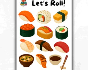 Hoja de pegatinas de sushi: pegatinas de comida japonesa para agendas, diarios, álbumes de recortes y tarjetas de recetas