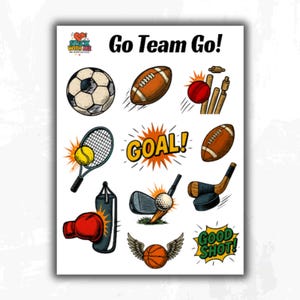 Sports Sticker Sheet, Cute Sports Stickers for Planners, Journals, Scrapbooking & Crafts, Go Team Go Fun Athletic Designs