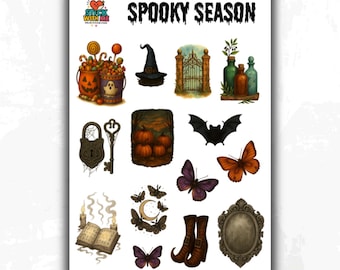 Hoja de pegatinas de Halloween de temporada espeluznante, pegatinas vintage de Halloween para diarios, agendas, tarjetas y regalos