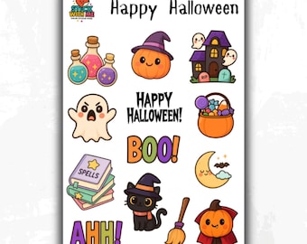 Hoja de pegatinas de Feliz Halloween, pegatinas de temporada espeluznante para agendas, diarios, tarjetas y regalos.