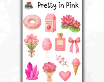 Hoja de pegatinas rosas: pegatinas para agendas, decoración de diarios, scrapbooking y manualidades.