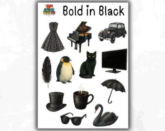 Hoja de pegatinas con temática negra: pegatinas para agendas, decoración de diarios, scrapbooking y manualidades.