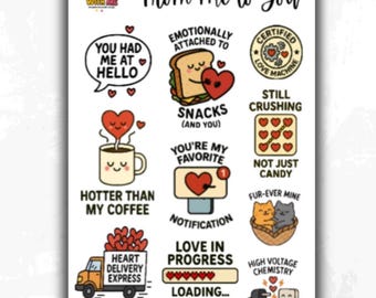 Hoja de pegatinas de amor: corazones, humor y pegatinas para el planificador de San Valentín.