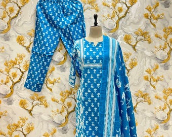 Beautiful Blue Pure Cotton Embroidered Palazzo Kurta Dupatta Suit Indian Ethnic Cotton 3p Suit Special Elegant Casual Wear Kurta Pant Set