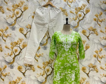 Pakistansk grön broderad bomullskurta byxset Kurta Kurta set indiska klänningar