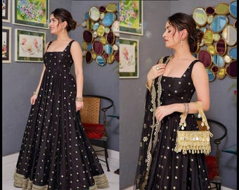 Designer Wedding Wear Sleeveless Anarkali Gown Long Designer Kurta kurti Flared Dupatta pant set Party Wear black Salwar Kameez For Her