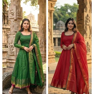 May include: Two long-sleeved dresses, one green and one red, with matching scarves. Both dresses have gold and pink trim. The dresses are worn by a person standing in front of a stone structure. The text "RiddhiSiddhiTextile" is at the top.