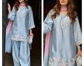 Panjabi style Salwar Kameez Readymade 3p Farsi Salwar Suit Wedding/Party Wear Dress for her With Embroidery kurta kurti set top tunic combo