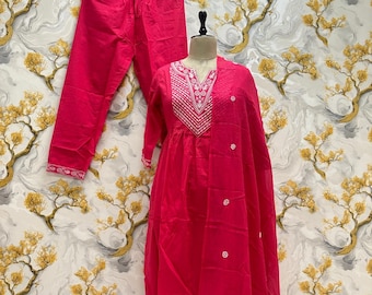 Pure Cotton Embroidered Anarkali Kurta Pant Dupatta 3 piece salwar Suit Readymade Long elegant casual Anarkali Kurti office ,light partywear