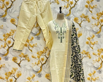 Indyjski tradycyjny czysty bawełniany haftowany kurta spodnie dupatta z nadrukiem elegancki codzienny garnitur gotowy sukienka miękka i wygodna odzież ślubna