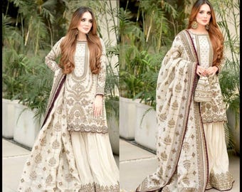 Embroidered Faux Georgette Sharara Suit with Dupatta