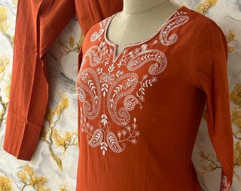 Women Cotton Flex Embroidered Straight Kurta Pant & Dupatta Indian Elegant ready To Wear Suit
