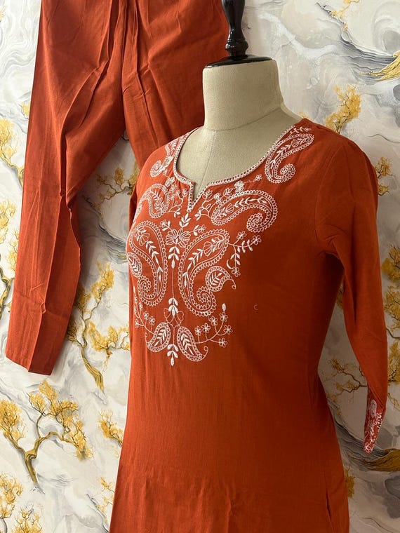 Women Cotton Flex Embroidered Straight Kurta Pant & Dupatta Indian Elegant ready To Wear Suit