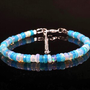 Paraiba & White Ethiopian opal beaded bracelet, rondelle opal beads, 925 sterling silver clasp, dainty opal jewelry, October birthstone.