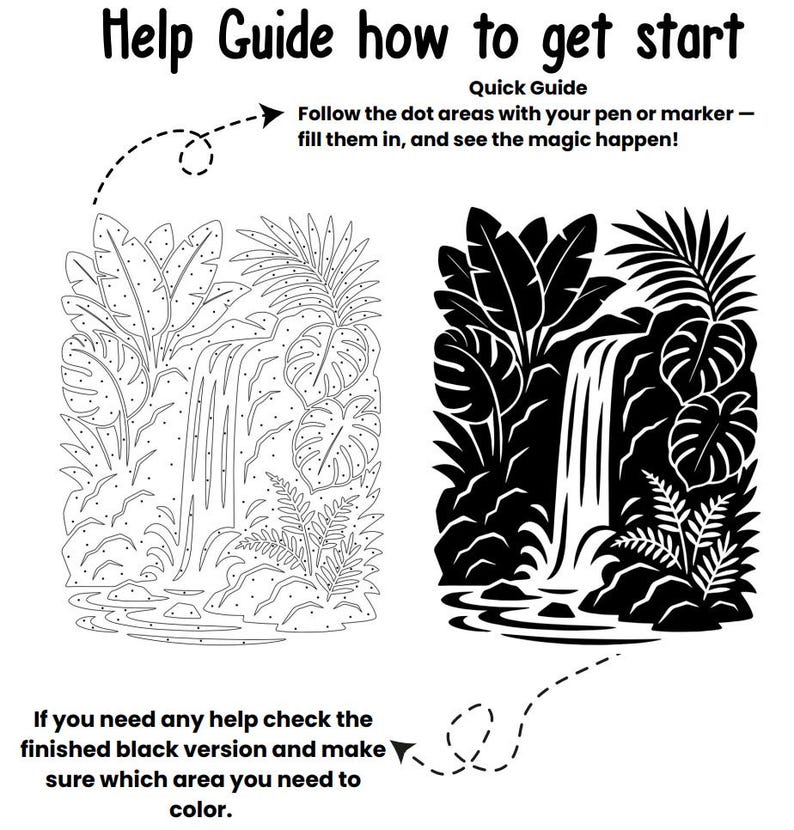 May include: A black and white coloring page with a waterfall and tropical plants. The text reads "Help Guide how to get start" and "Quick Guide: Follow the dot areas with your pen or marker - fill them in, and see the magic happen!"