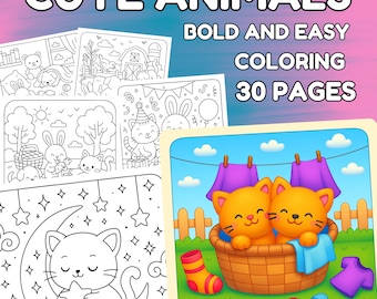 Puede incluir: Un libro para colorear titulado "Cute Animals" con el texto "Coloreado Fácil y Atrevido, 30 Páginas". La portada presenta varias ilustraciones en blanco y negro de animales, incluyendo gatos, conejos y un perro. Una ilustración muestra dos gatos naranjas en una cesta.