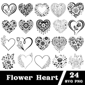 May include: A collection of 24 black and white flower heart designs in various styles. The designs include roses, butterflies, and other floral elements. The text "Flower Heart" and "24 SVG PNG" are at the bottom.