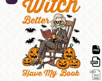 Funny Skeleton Witch PNG: Halloween Coffee Reading Sublimation Design (Digital Download