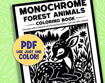 Monochrome Forest Animal Coloring Book Pages, 30 Wild Nature One Color Printable Sheet PDF