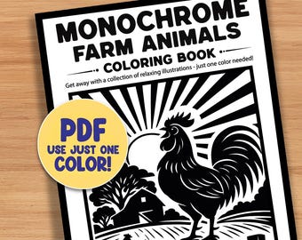 Farm Animal Monochrome Coloring Book Pages. 30 One Color Printable Sheet PDF PNG