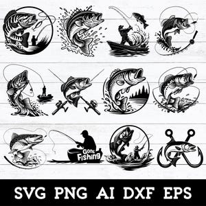 May include: A collection of black and white fishing-themed graphics. The designs include illustrations of fish, fishing rods, and anglers in various action poses. The phrase "Gone Fishing" is also included in one of the designs. The bottom of the image includes the text "SVG PNG AI DXF EPS".