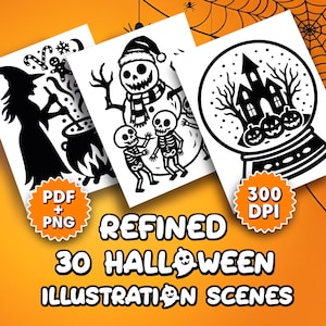 Może przedstawiać: Czarno-białe ilustracje na Halloween przedstawiające wiedźmę, bałwana, szkielety i kulę śnieżną z nawiedzonym domem. Obraz zawiera tekst "PDF + PNG", "300 DPI" i "Refined 30 Halloween Illustration Scenes".
