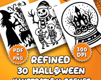 May include: Black and white Halloween illustrations featuring a witch, snowman, skeletons, and a snow globe with a haunted house. The image includes the text "PDF + PNG", "300 DPI", and "Refined 30 Halloween Illustration Scenes".
